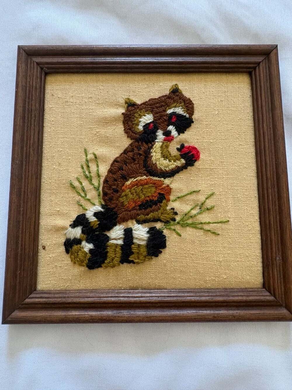 Vintage Hand Embroidered Raccoon Framed Wall Art